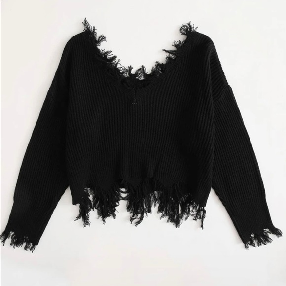 Drop Shoulder Distressed Trim Sweater 